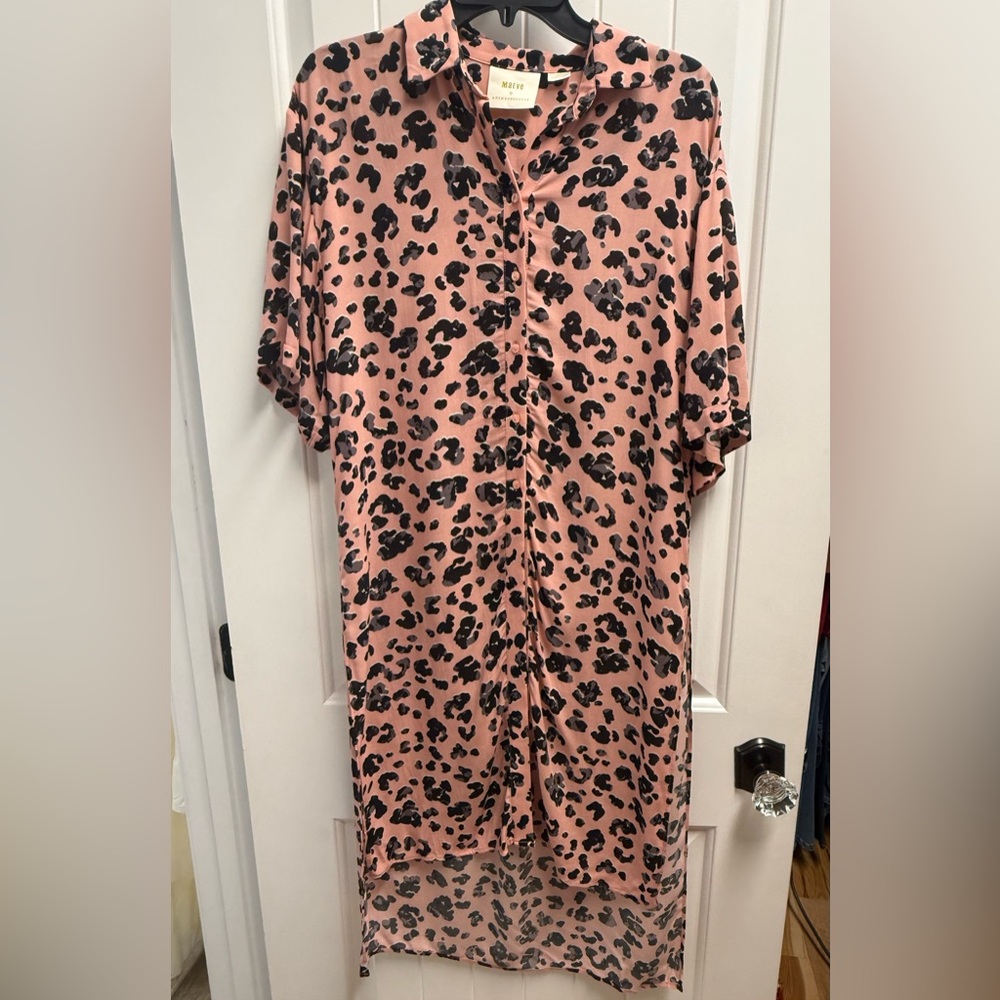 MAEVE Anthropologie SZ XSmall Pink Black Animal Print Oversized Long Shirt